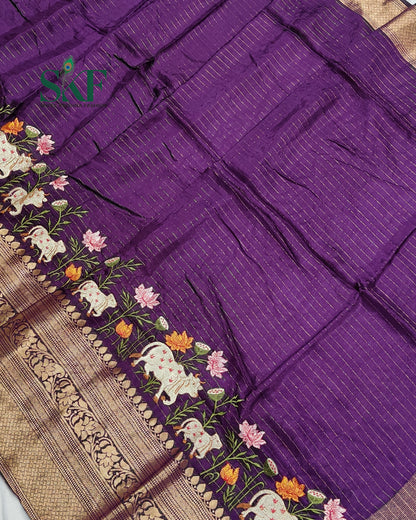 DOLA SILK MOTIF EMBROIDERY PANEL WEAVING BORDER WORK PURPLE SAREE BY SKFBHOLUBHAI