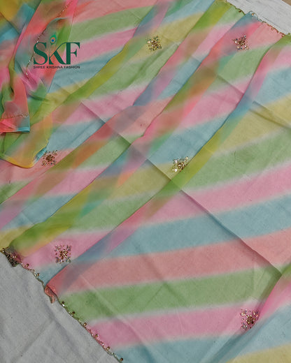GEORGETTE 30×30 LEHRIYA KUNDAN HANDWORK MULTICOLOUR SAREE BY SKFBHOLUBHAI