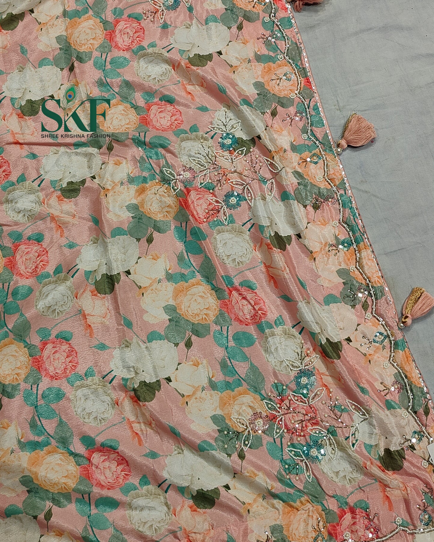 CHINON FLORAL DIGITAL PRINT HANDWORK BLUSHPINK SAREE BY SKFBHOLUBHAI