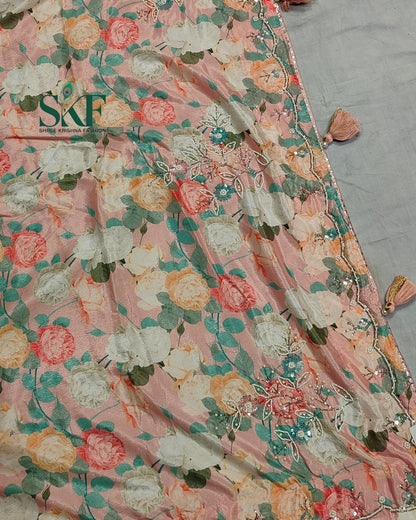 CHINON FLORAL DIGITAL PRINT HANDWORK BLUSHPINK SAREE BY SKFBHOLUBHAI