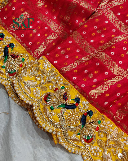 KHADI NEEM JARI GEORGETTE GHATCHOLA BHANDHANI HEAVY WORK BORDER RED SAREE BY SKFBHOLUBHAI