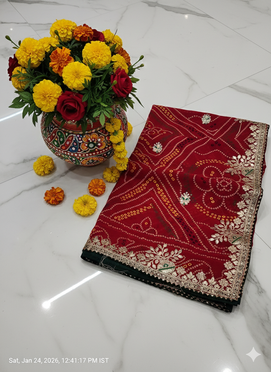 GOTAPATTI WORK RAJASTHANI BANDHANI SAREE BY SKFBHOLUBHAI