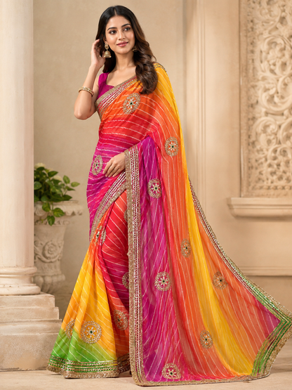 RAJASTHANI PACHRANGA LAHARIYA SAREE CHINON CHIFFON FABRIC WITH KACCHA GOTA WORK BY SKFBHOLUBHAI