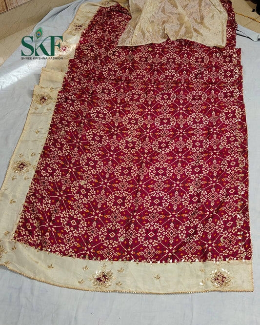 TUSSAR SILK PATOLA PRINT GOTTA HANDWORK BORDER WINE SAREE BY SKFBHOLUBHAI