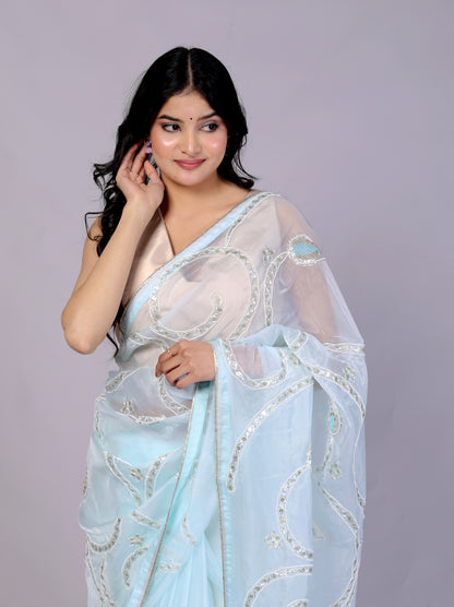GLASS TISSUE KATCHA GOTTA SEQUENCE JAAL WORK SKY BLUE SAREE BY SKFBHOLUBHAI