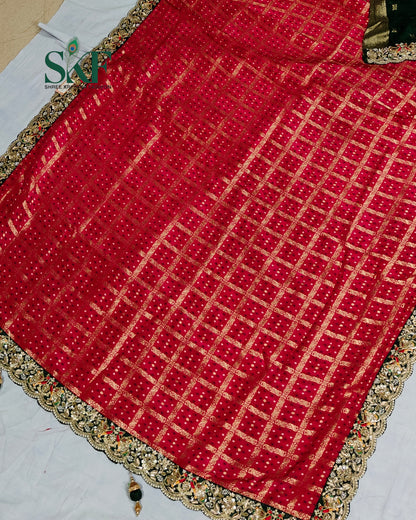 KHADI NEEM JARI GEORGETTE GHATCHOLA BHANDHANI HEAVY WORK BORDER RANIPINK SAREE BY SKFBHOLUBHAI