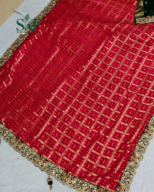 KHADI NEEM JARI GEORGETTE GHATCHOLA BHANDHANI HEAVY WORK BORDER RANIPINK SAREE BY SKFBHOLUBHAI