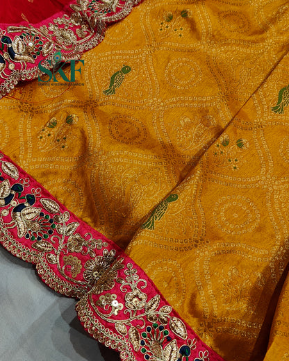 DOLA BANARSI WEAVING  BHANDHANI HEAVY WORK BORDER YELLOW SAREE BY SKFBHOLUBHAI