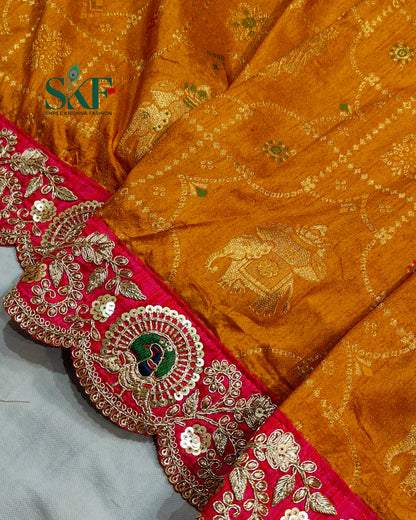 DOLA BANARSI MOTIF WEAVING HEAVY WORK BORDER YELLOW MUSTURD SAREE BY SKFBHOLUBHAI