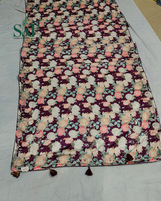 CHINON FLORAL DIGITAL PRINT HANDWORK SEEGREEN SAREE BY SKFBHOLUBHAI