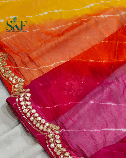 DIAMOND CHIFFON PACHRANGA LEHRIYA GOTTA HANDWORK SAREE BY SKFBHOLUBHAI