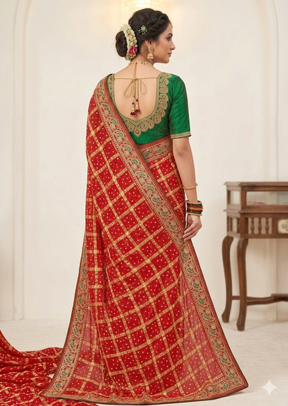 RAJASTHANI GHATCHOLA BANDHANI WITH TRADITIONAL NEEMJARI BORDER SAREE BY SKFBHOLUBHAI