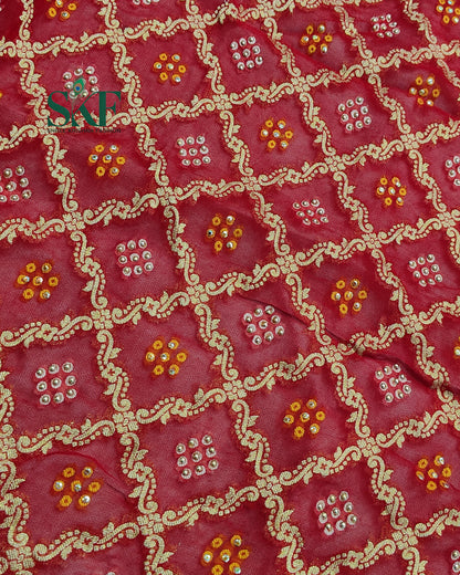 KHADI NEEM JARI GEORGETTE BHANDHANI STONE ZARDOZI HANDWORK SAREE BY SKFBHOLUBHAI