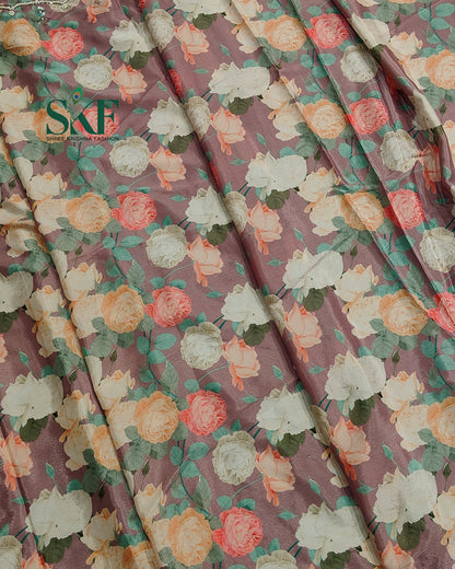CHINON FLORAL DIGITAL PRINT HANDWORK LAVENDER SAREE BY SKFBHOLUBHAI