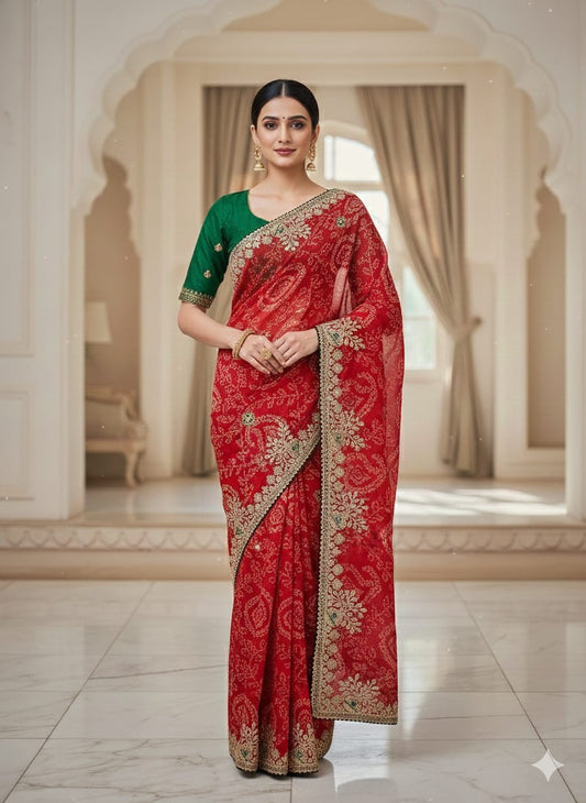 GOTAPATTI WORK WITH CONTRAST BLOUSE RAJASTHANI BANDHANI SAREE BY SKFBHOLUBHAI