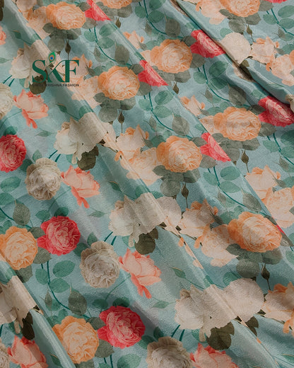 CHINON FLORAL DIGITAL PRINT HANDWORK SEEGREEN SAREE BY SKFBHOLUBHAI