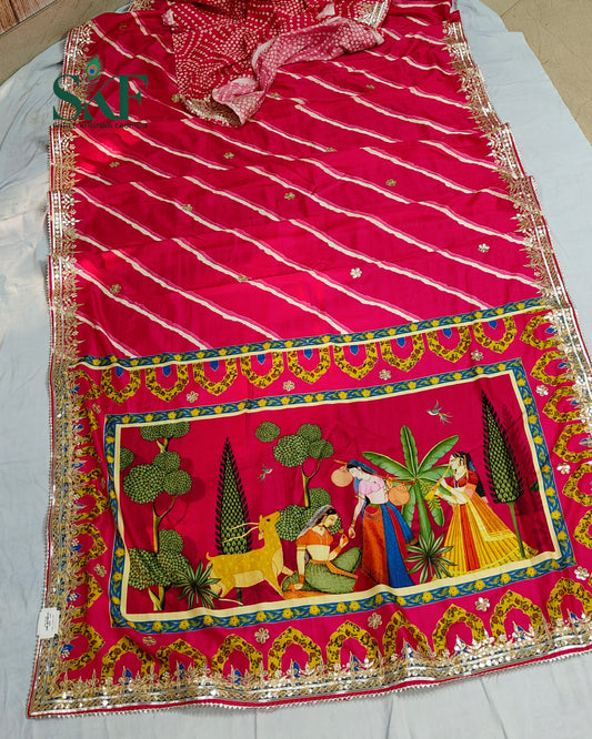 TUSSAR SILK LEHRIYA HAND GOTTA DIGITAL PRINT WORK RANI PINK SAREE BY SKFBHOLUBHAI