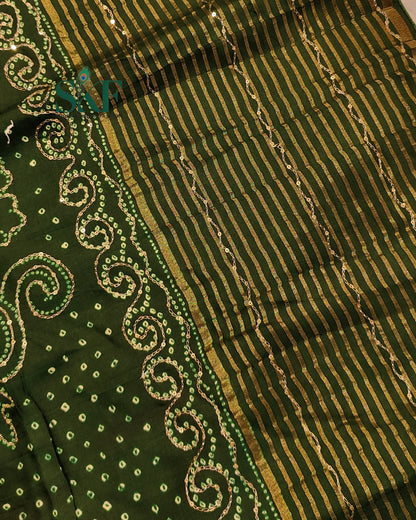 HO SILK BHANDHANI PEACOCK MOTIF AARI AND SEQUENCE WORK BOTTLE GREEN SAREE BY SKFBHOLUBHAI