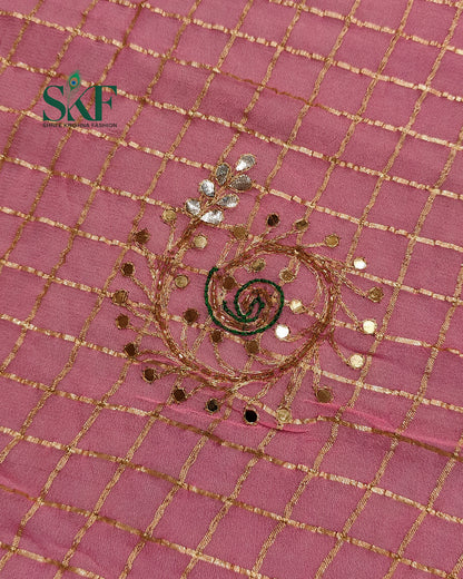 VISCOSS GEORGETTE AARI GOTTA CHEKERD SATIN BORDER WORK BABYPINK SAREE BY SKFBHOLUBHAI