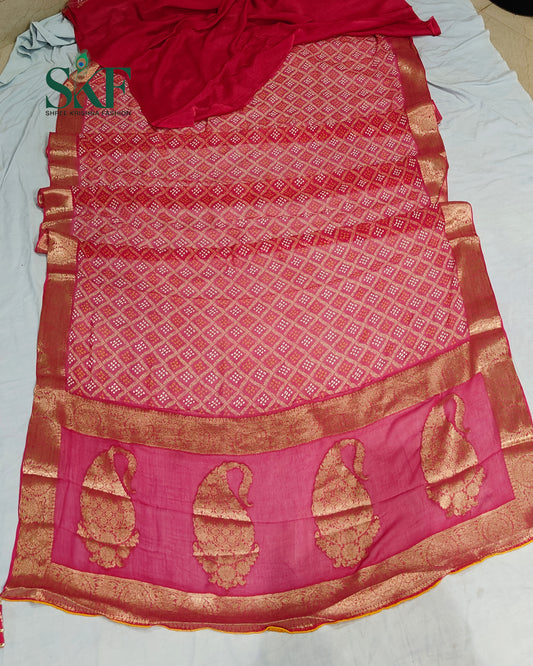 KHADI NEEM JARI GEORGETTE BHANDHANI  ONIONPINK SAREE BY SKFBHOLUBHAI