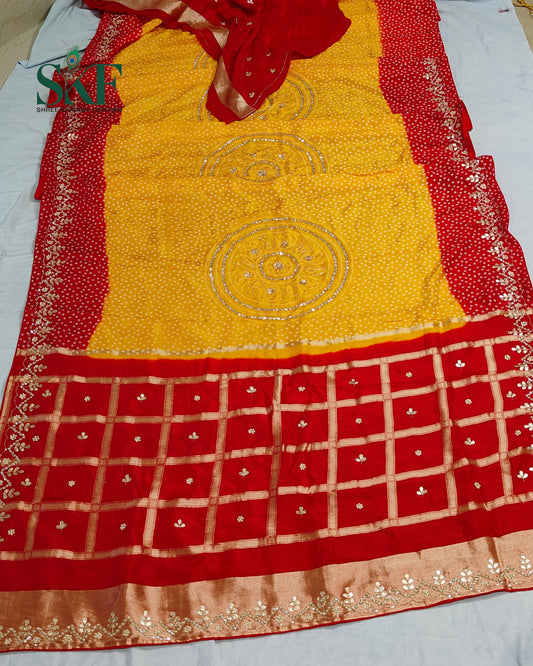 RUSSIAN SILK CHAKRA BHANDHANI GOTTA HANDWORK RED&YELLOW SAREE BY SKFBHOLUBHAI