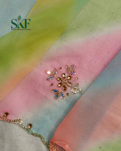 GEORGETTE 30×30 LEHRIYA KUNDAN HANDWORK MULTICOLOUR SAREE BY SKFBHOLUBHAI