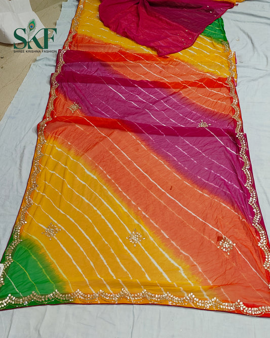 DIAMOND CHIFFON PACHRANGA LEHRIYA GOTTA HANDWORK SAREE BY SKFBHOLUBHAI