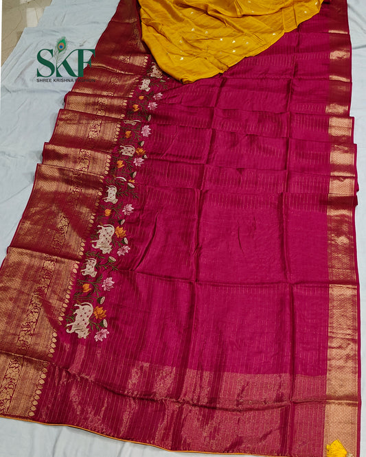 DOLA SILK MOTIF EMBROIDERY PANEL WEAVING BORDER WORK BURGENDY SAREE BY SKFBHOLUBHAI