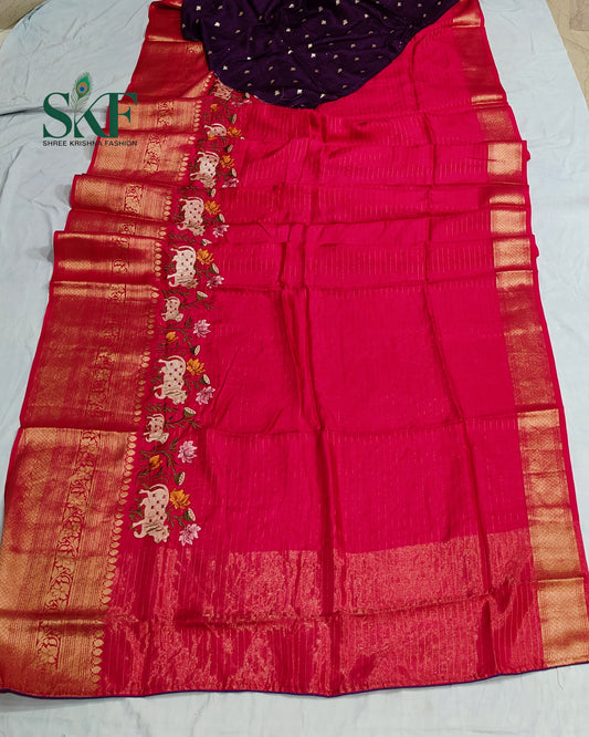 DOLA SILK MOTIF EMBROIDERY PANEL WEAVING BORDER WORK RANIPINK SAREE BY SKFBHOLUBHAI