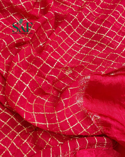 VISCOSS GEORGETTE AARI GOTTA CHEKERD SATIN BORDER WORK RANIPINK SAREE BY SKFBHOLUBHAI