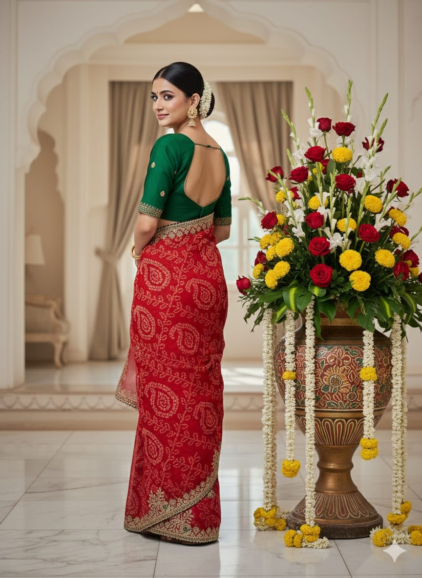 GOTAPATTI WORK WITH CONTRAST BLOUSE RAJASTHANI BANDHANI SAREE BY SKFBHOLUBHAI