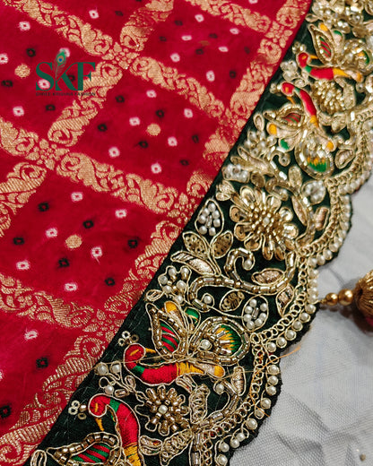 KHADI NEEM JARI GEORGETTE GHATCHOLA BHANDHANI HEAVY WORK BORDER RANIPINK SAREE BY SKFBHOLUBHAI