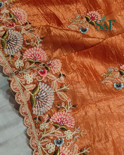 CRUSH TISSUE SIPPI SEQUENCE EMBROIDERY WORK ORANGE RUST SAREE BY SKFBHOLUBHAI