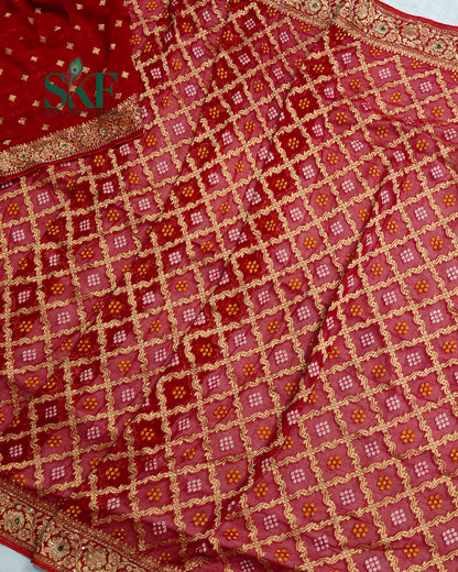 KHADI NEEM JARI GEORGETTE BHANDHANI GREEN STONE ZARDOZI HANDWORK SAREE BY SKFBHOLUBHAI
