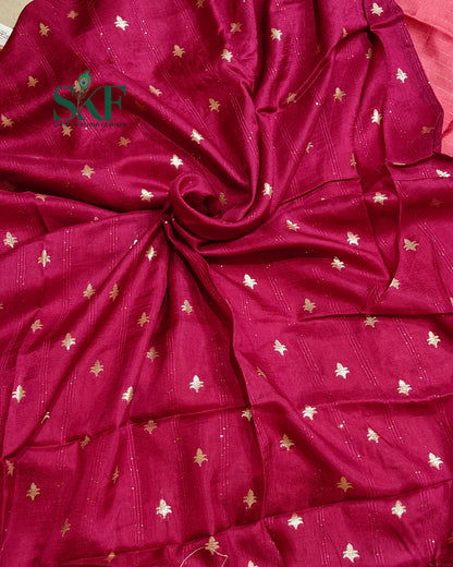DOLA SILK MOTIF EMBROIDERY PANEL WEAVING BORDER WORK BLUSH PINK SAREE BY SKFBHOLUBHAI