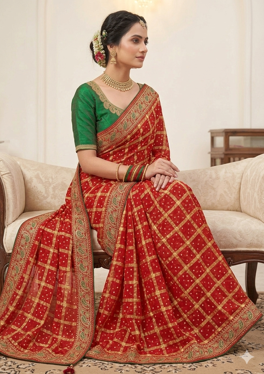 RAJASTHANI GHATCHOLA BANDHANI WITH TRADITIONAL NEEMJARI BORDER SAREE BY SKFBHOLUBHAI