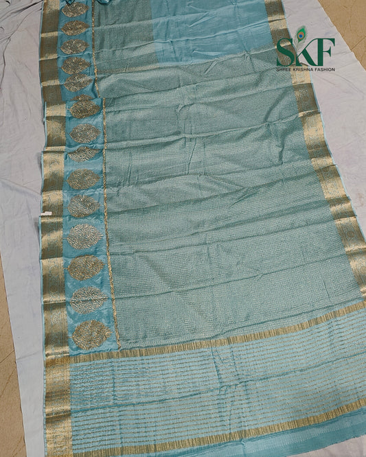 CHINON EMBROIDERY WEAVING BORDER WORK ICEBLUE SAREE BY SKFBHOLUBHAI