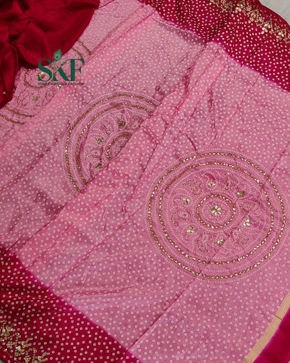 RUSSIAN SILK CHAKRA BHANDHANI GOTTA HANDWORK PINK & RANIPINK SAREE BY SKFBHOLUBHAI