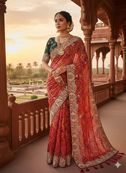RAJASTHANI BANDHANI WITH NEEMJARI WORK SAREE BY SKFBHOLUBHAI