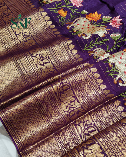 DOLA SILK MOTIF EMBROIDERY PANEL WEAVING BORDER WORK PURPLE SAREE BY SKFBHOLUBHAI