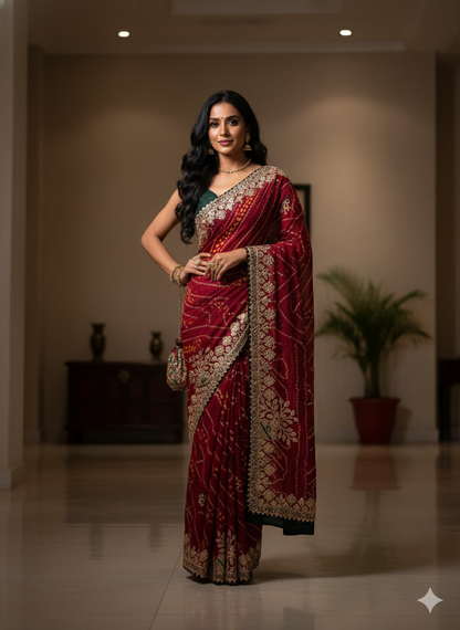 GOTAPATTI WORK RAJASTHANI BANDHANI SAREE BY SKFBHOLUBHAI