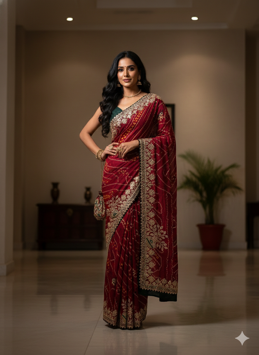 GOTAPATTI WORK RAJASTHANI BANDHANI SAREE BY SKFBHOLUBHAI