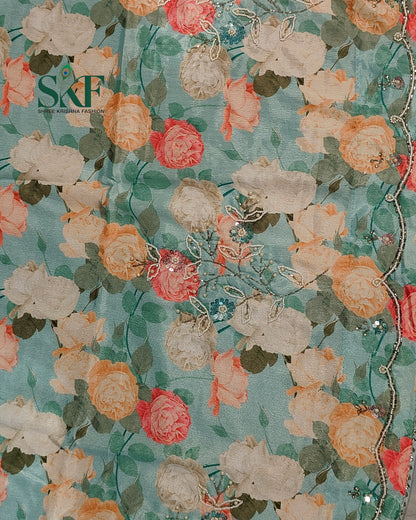 CHINON FLORAL DIGITAL PRINT HANDWORK SEEGREEN SAREE BY SKFBHOLUBHAI