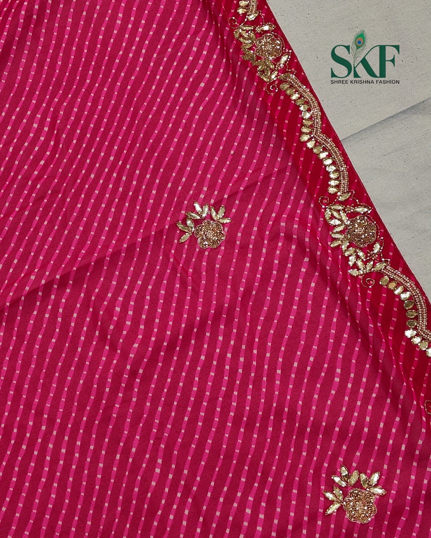 GEORGETTE MODHA LEHRIYA GOTTA PEARL HANDWORK RANIPINK SAREE BY SKFBHOLUBHAI