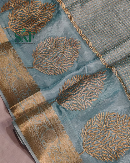 CHINON EMBROIDERY WEAVING BORDER WORK ICEBLUE SAREE BY SKFBHOLUBHAI