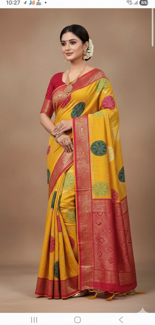 TRADITIONAL FESTIVAL YELLOW COLOUR BANDHANI SAREE BY SKFBHOLUBHAI