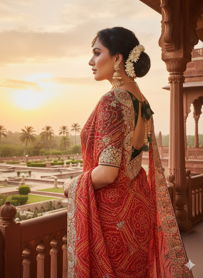 RAJASTHANI BANDHANI WITH NEEMJARI WORK SAREE BY SKFBHOLUBHAI