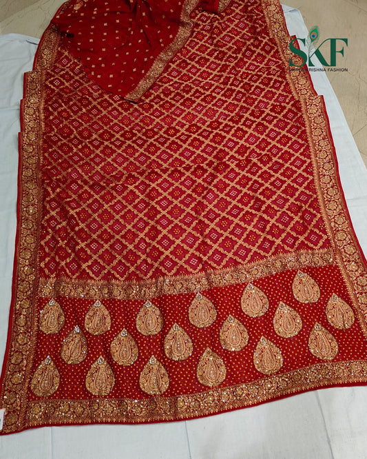 KHADI NEEM JARI GEORGETTE BHANDHANI STONE ZARDOZI HANDWORK SAREE BY SKFBHOLUBHAI