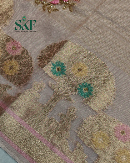 DORIYA TISSUE MULTI WEAVING HANDWORK BUTTA PEACH PINK SAREE BY SKFBHOLUBHAI