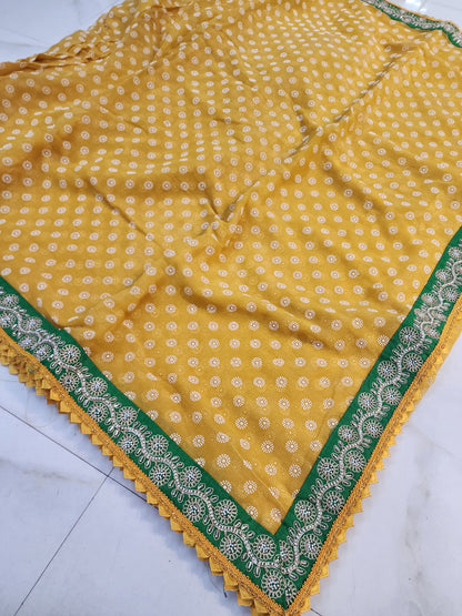 HALDI MEHANDI SPEICEL YELLOW GREEN BORDER SAREE BY SKFBHOLUBHAI
